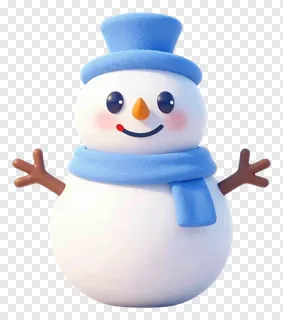 A smiling snowman in a blue hat and scarf.