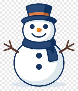 A smiling snowman with a blue top hat and brown stick arms.
