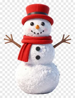 A snowman wearing a red knit hat and scarf.