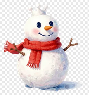 A cute snowman wearing a red scarf and crown, painted in watercolor.