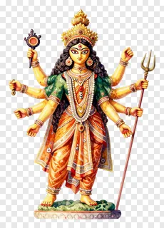 Statue of Goddess Durga with eight arms holding a trishul.