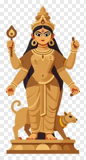 Statue of the goddess Durga with four arms and a dog at her feet.
