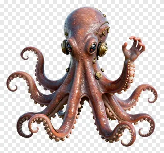 A steampunk octopus waving with one tentacle.