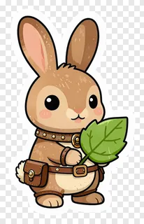 A cartoon rabbit in steampunk attire holding a leaf.