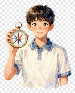 A student holding a compass rose with a smile.