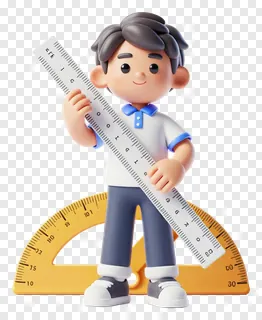 Cartoon student holding a ruler and standing with a protractor.