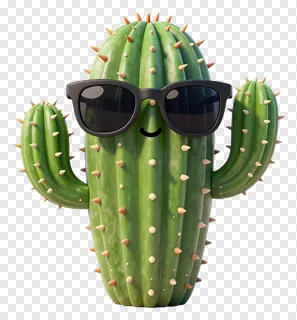 A green cactus wearing black sunglasses and smiling.