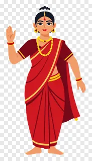 Woman performing as a temple dancer in a vibrant red sari.