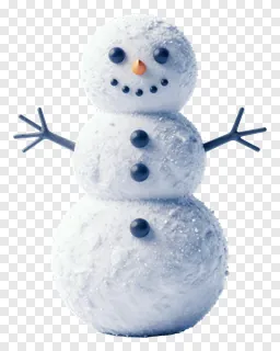 A 3D snowman with textured snow and blue buttons.