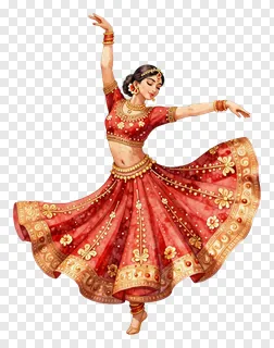 A woman in a red and gold lehenga dancing Garba.