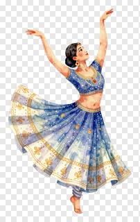 A watercolor illustration of a garba dancer in a blue lehenga.