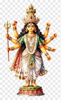 Statue of the Hindu goddess Durga with eight arms in colorful clothing.