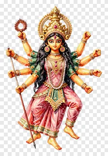 Watercolor painting of the goddess Durga with eight arms.