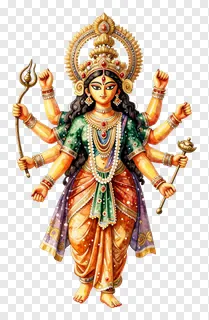 Goddess Durga in watercolor style holding a trishul.