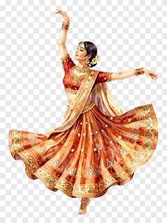 A woman dancing in an orange lehenga with watercolor style.