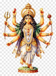 Golden Durga goddess with eight arms holding weapons.