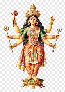 Goddess Durga with eight arms holding a trishul.
