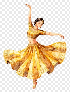 A watercolor illustration of a golden garba dancer in motion.