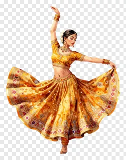 A woman in a golden lehenga dancing garba in watercolor style.