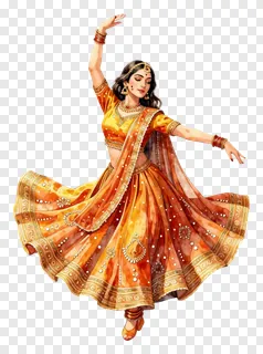 A woman in an orange lehenga dancing in watercolor style.