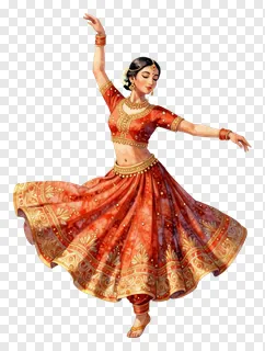 A woman in a red lehenga dancing in watercolor style.