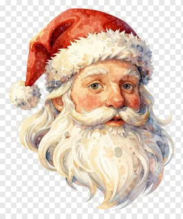 Watercolor painting of Santa Claus face with red hat.