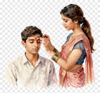 A sister in a sari applies a red tilak to her brother's forehead using a brush.