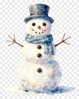A watercolor snowman with a blue scarf and top hat.