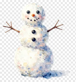 A watercolor snowman with speckled texture and twig arms.