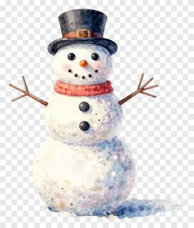A watercolor snowman wearing a top hat and scarf.