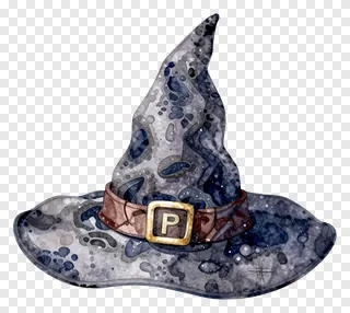 A watercolor-style witch hat with a belt and letter P buckle.