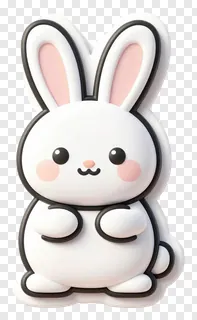 A white bunny with black outlined ears and pink cheeks.