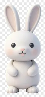 A white 3D bunny with pink cheeks and upright posture.