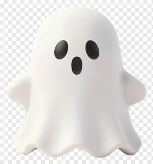 A white ceramic ghost with black eyes and mouth.