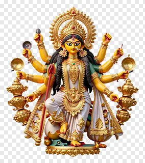 Golden eight-armed Durga goddess statue with lotus base.