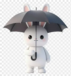 A white rabbit holding a gray umbrella.