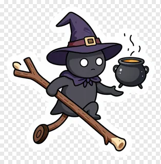 Cartoon witch flying with a floating cauldron and broomstick.