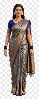 A woman wearing a traditional Indian saree with gold and blue accents.