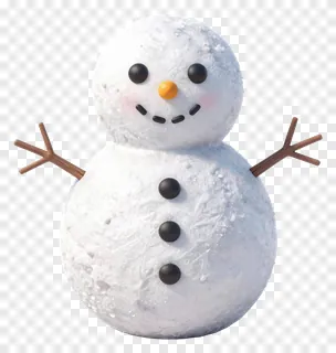 A snowman with textured snow and wooden branch arms.
