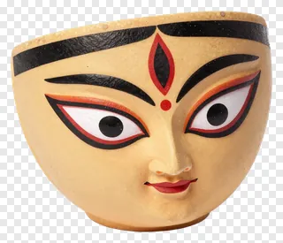 A yellow Durga face with black eyebrows and red bindi.