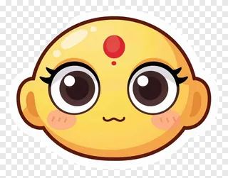 A cartoon yellow face with large eyes and a red bindi.