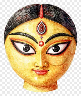 A stylized golden Durga face with mosaic hair and red bindi.