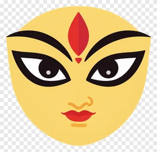 Yellow Durga face with red bindi and bold eyebrows.