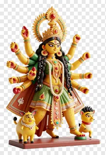 Statue of Goddess Durga with two playful puppies beside her.