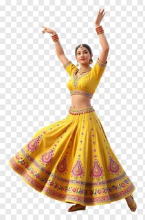 A dancer in a yellow embroidered lehenga performing a Garba dance.