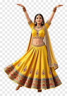 A woman dancing Garba in a yellow lehenga with arms raised.