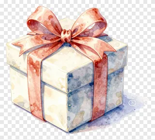 A watercolor gift box tied with a red bow.