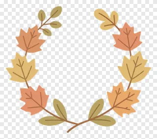 An asymmetrical wreath of autumn leaves in shades of orange, brown, and gold.