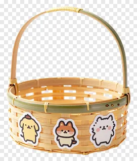 A bamboo basket with cartoon animal stickers.