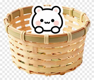 A bamboo basket with a cartoon bear sticker.